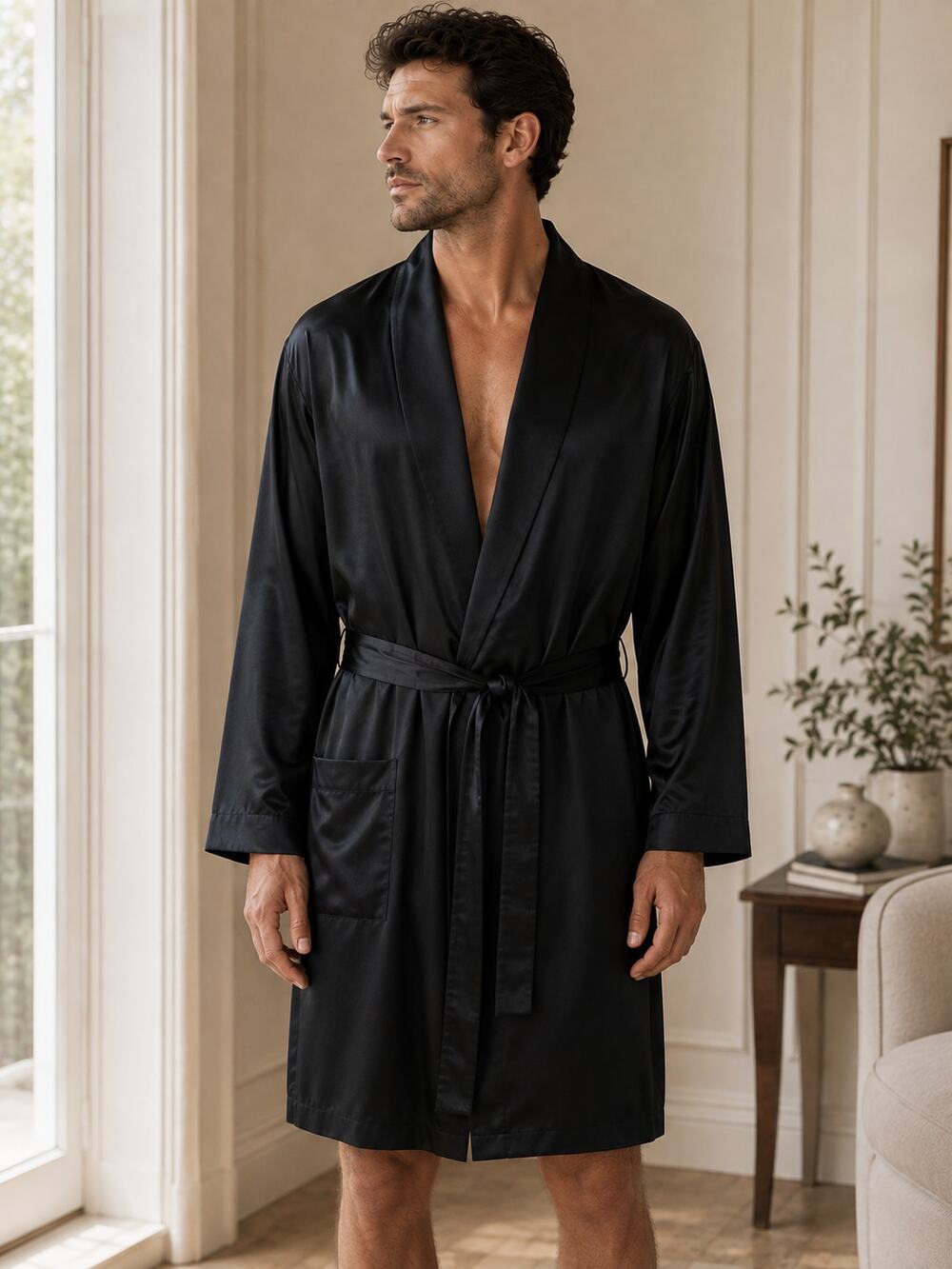 LILYSILK Mens Silk Robe Black XXL Belted Luxury Lounge Bathrobe Long Sleeve